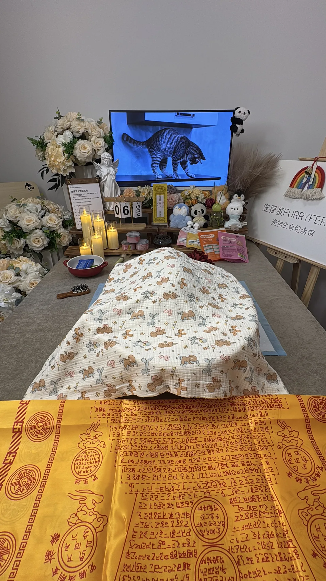 武汉宠物告别仪式中的鲜花与纪念照片